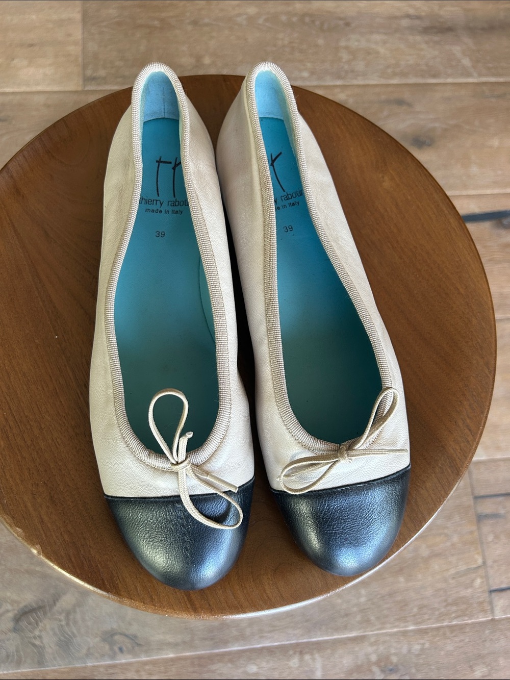Thierry Rabotin Cream Flats with Black Cap-Toe